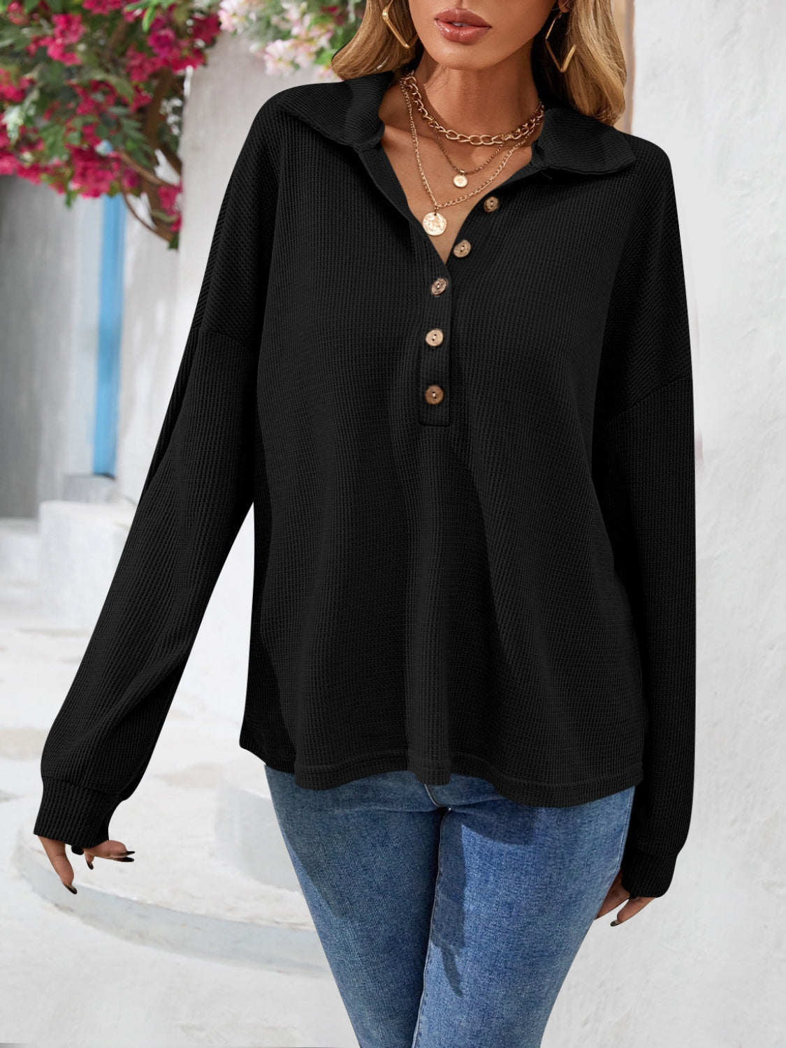 Half Button Collared Neck Long Sleeve Top – Trendsi | ClozArt
