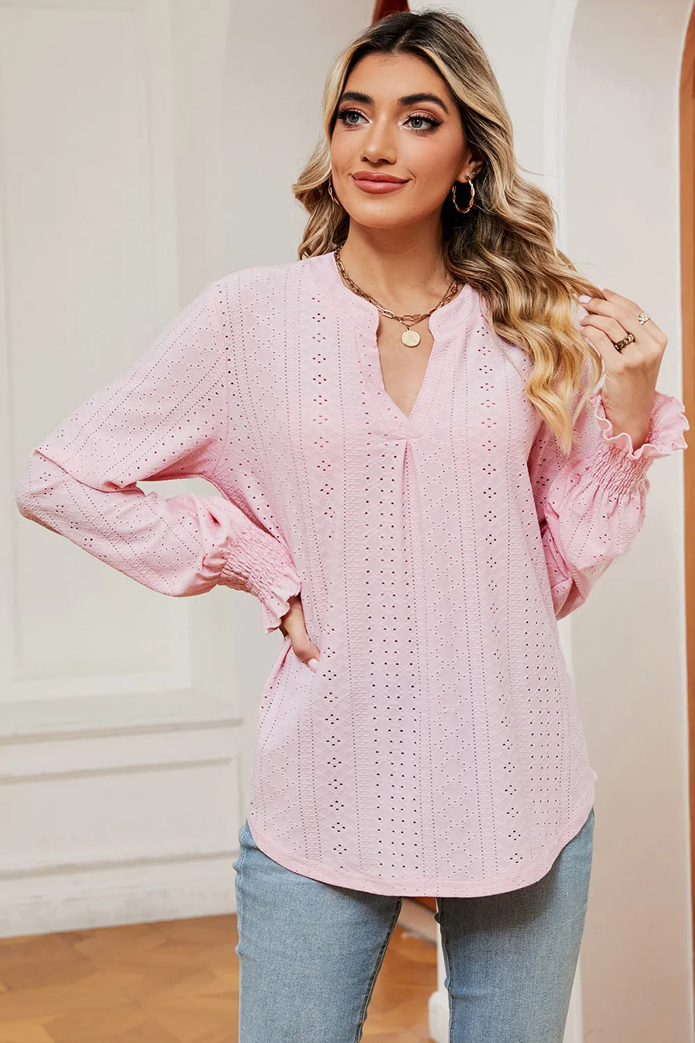 Eyelet Notched Long Sleeve T-Shirt – Trendsi | ClozArt