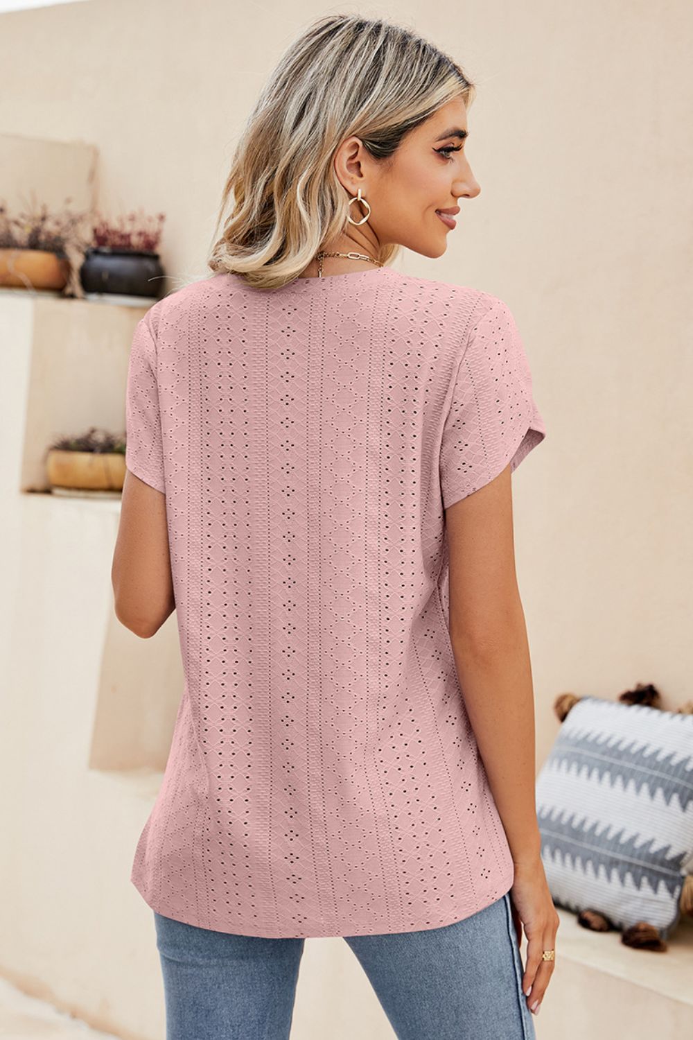 Eyelet Petal Sleeve V-Neck Knit Top – Trendsi | ClozArt