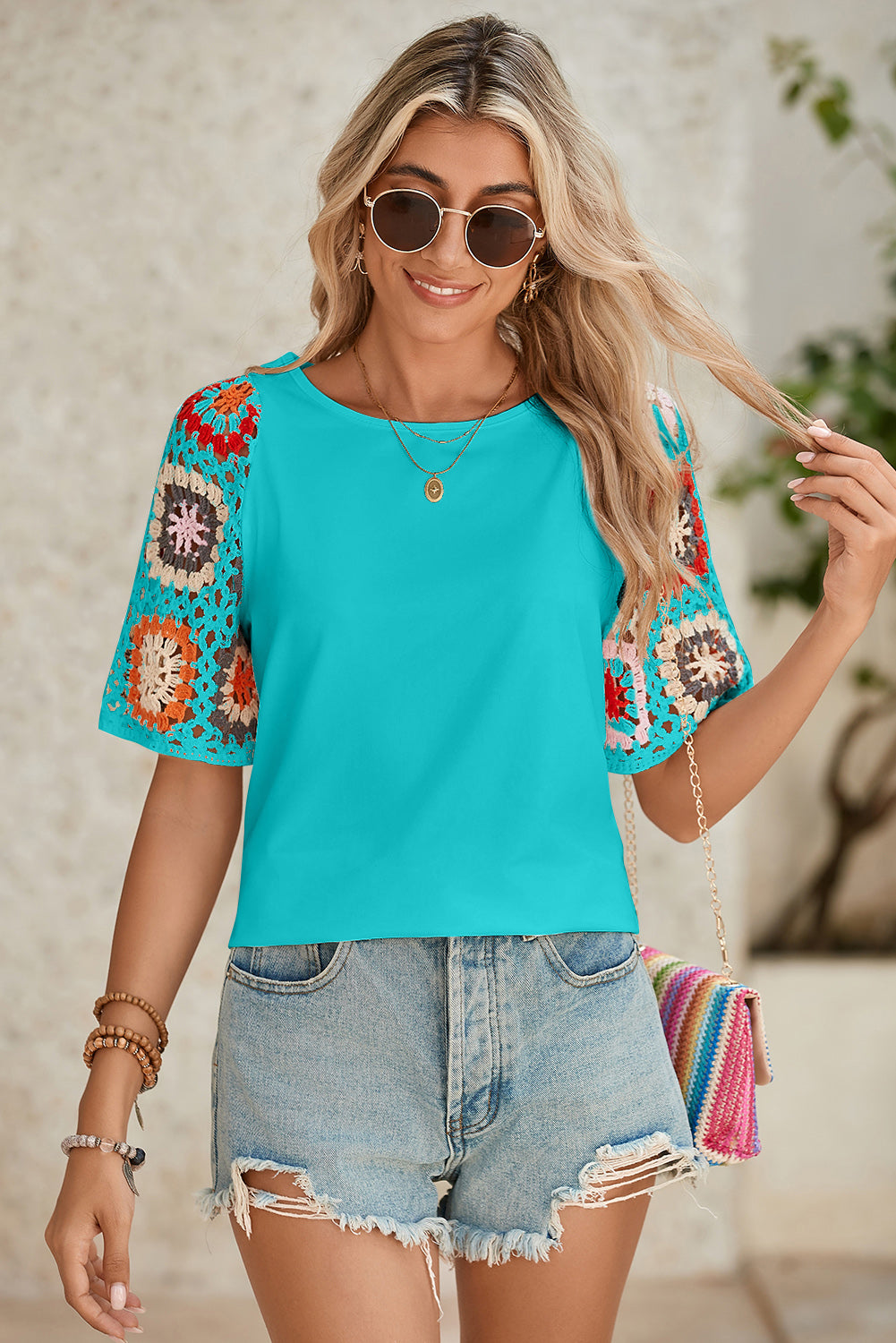 White Floral Hollowed Crochet Sleeve Boho T Shirt – Shewin | ClozArt