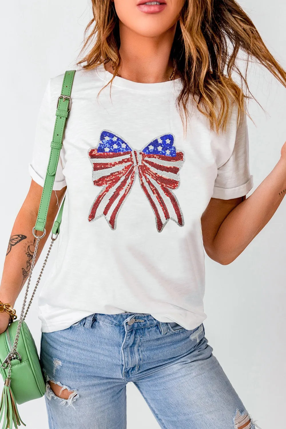 USA Flag Bow Knot Patched Crew Neck T Shirt – Trendsi | ClozArt