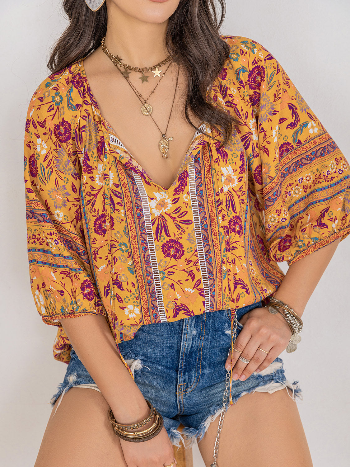 Printed Tie Neck Blouse – Trendsi | ClozArt