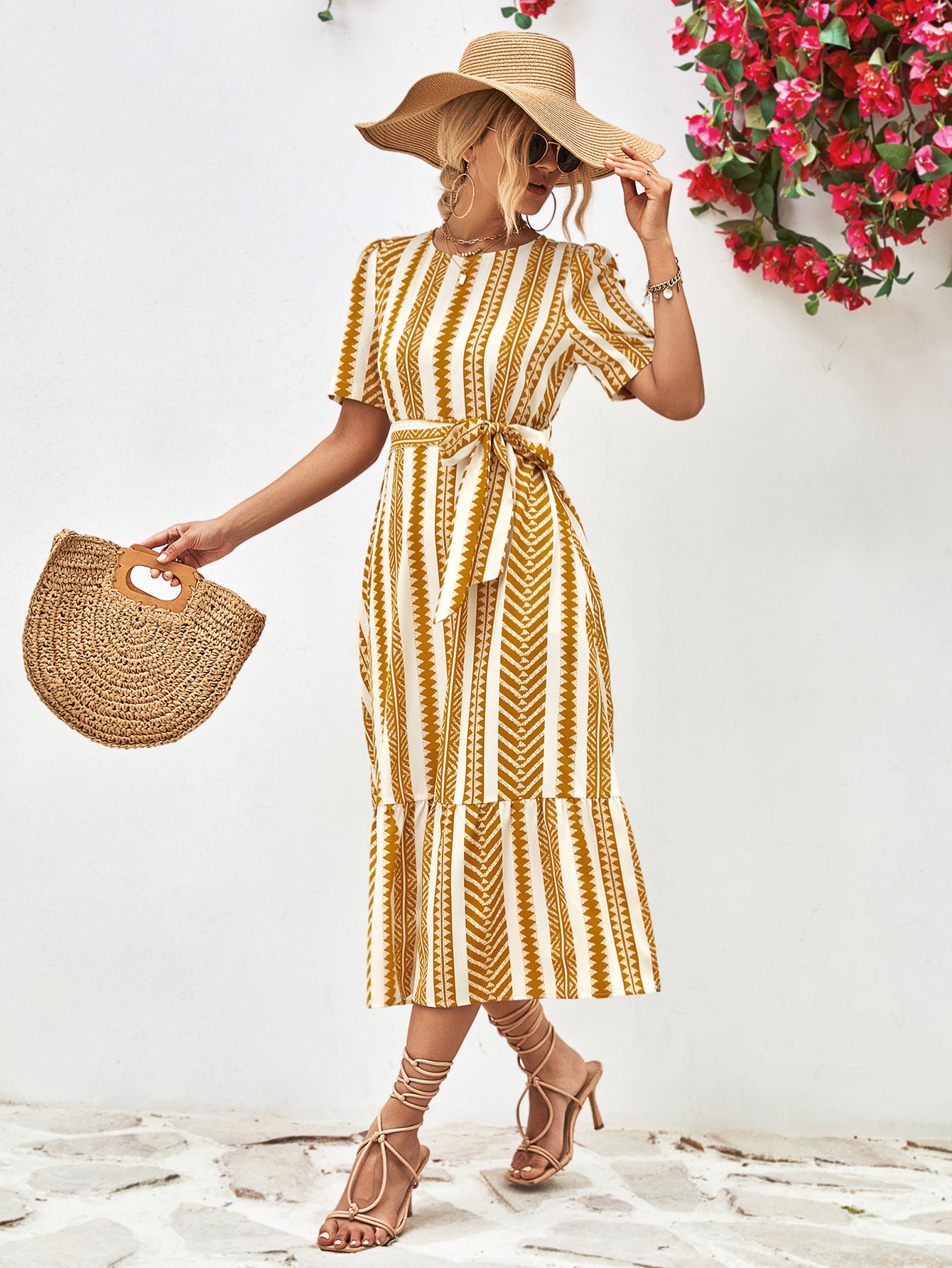 Striped Tie Belt Round Neck Puff Sleeve Dress – Trendsi | ClozArt