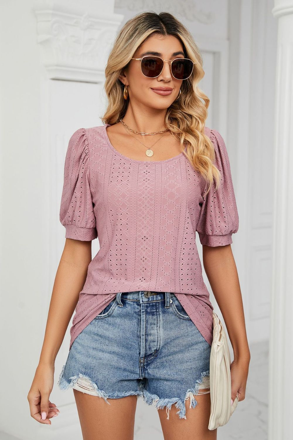 Eyelet Puff Sleeve Round Neck Top – Trendsi | ClozArt