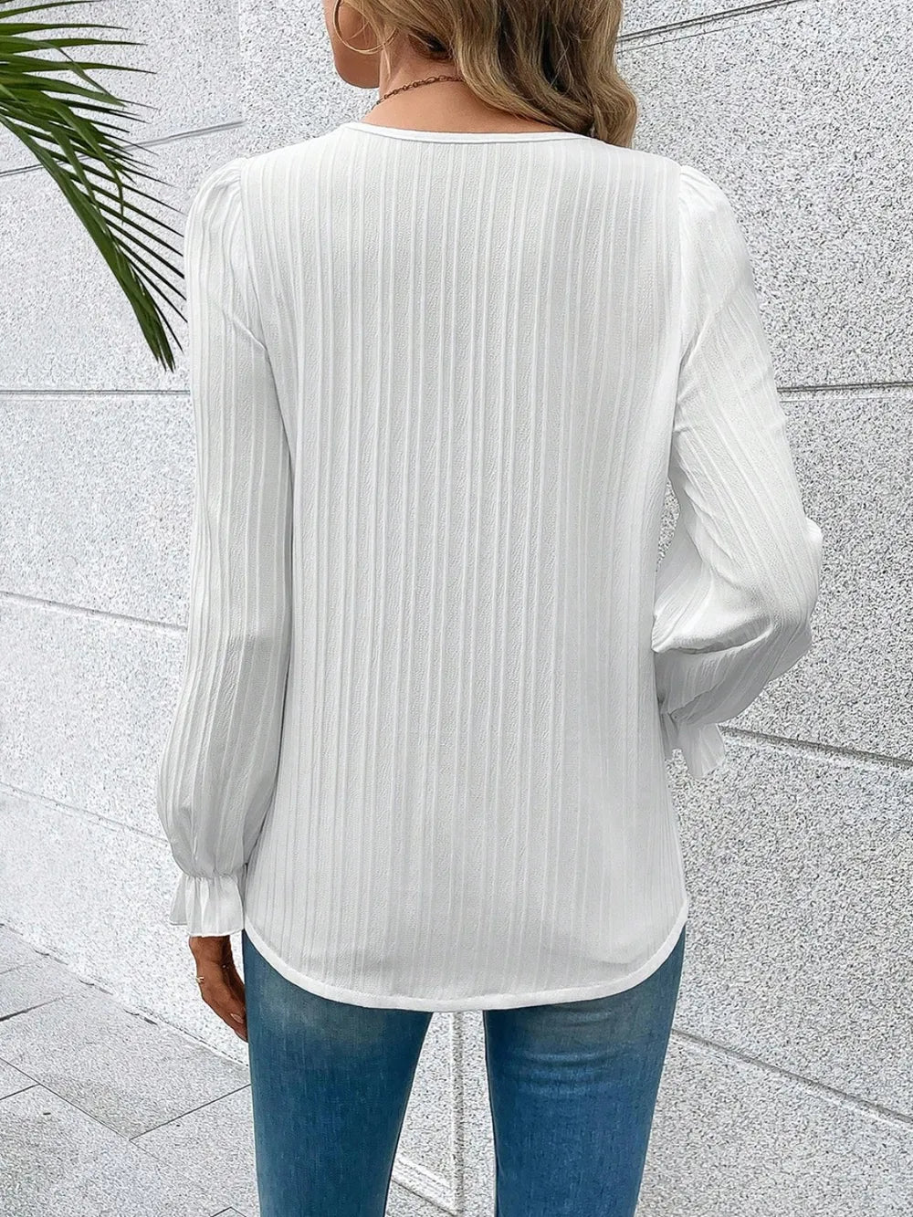 V-Neck Lace Detail Flounce Sleeve Blouse – Trendsi | ClozArt