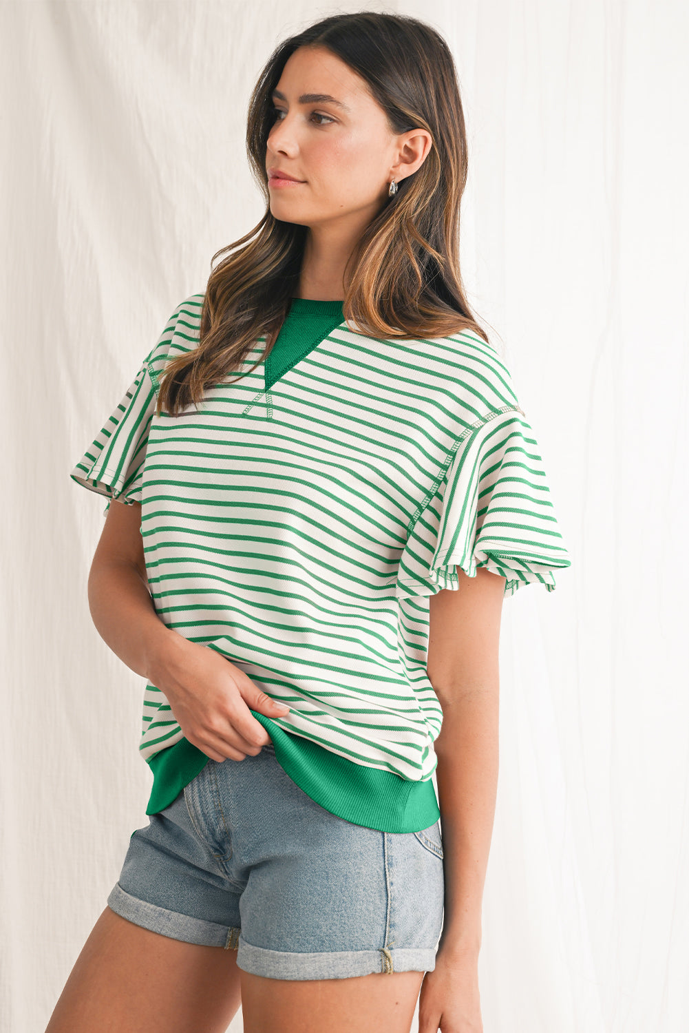 Sachet Pink Striped Ruffle Sleeve Round Neck Top – Shewin | ClozArt