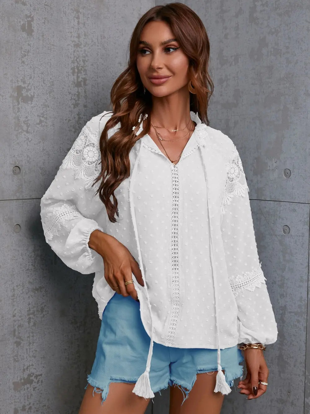 Crochet Tassel Tie Neck Long Sleeve Blouse – Trendsi | ClozArt
