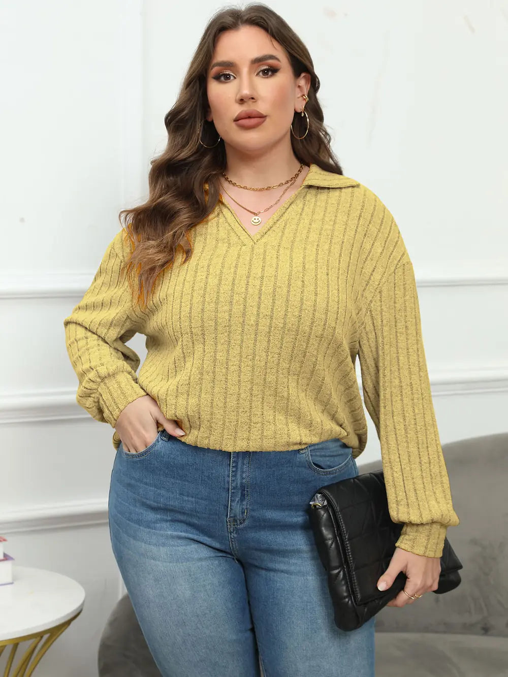 Plus Size Ribbed Collared Neck Long Sleeve Blouse – Trendsi | ClozArt
