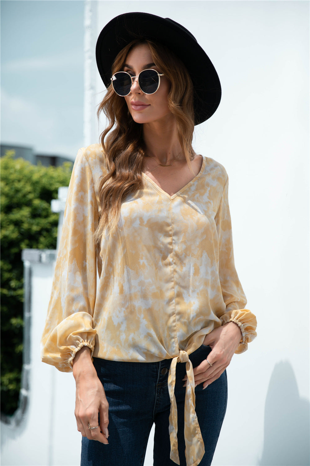 Tie-Dye Tied Balloon Sleeve Blouse – Trendsi | ClozArt