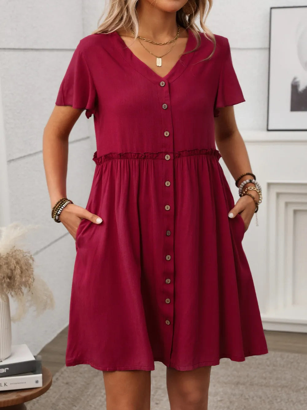 Button Front Flutter Sleeve Dress – Trendsi | ClozArt