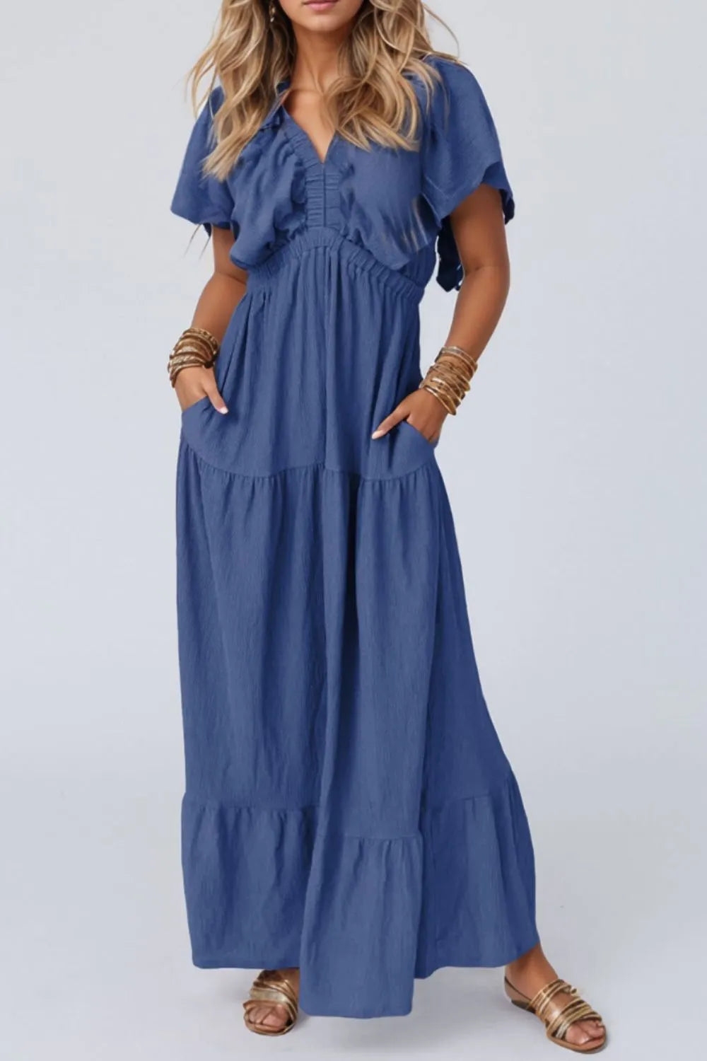 Ruffled V-Neck Short Sleeve Maxi Dress – Trendsi | ClozArt