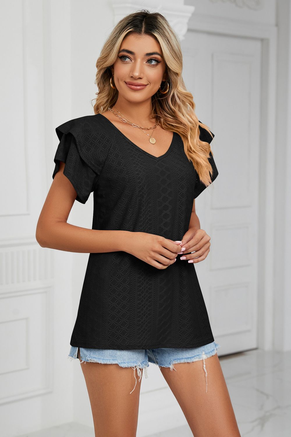 Eyelet Layered Flutter Sleeve V-Neck Knit Top – Trendsi | ClozArt