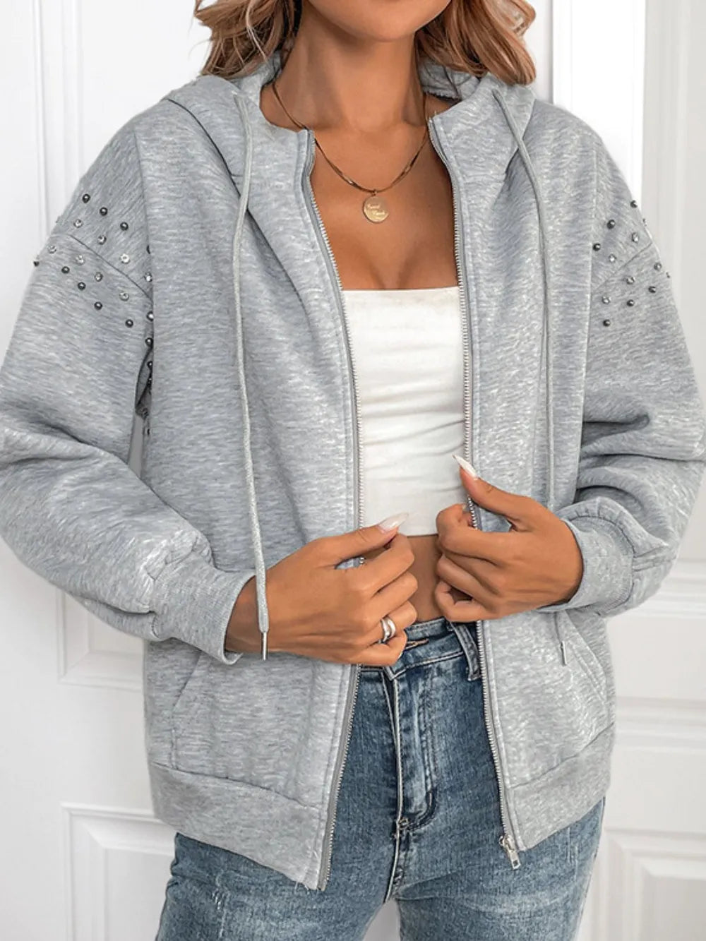 Perfee Rhinestone Zip Up Long Sleeve Hoodie – Trendsi | ClozArt