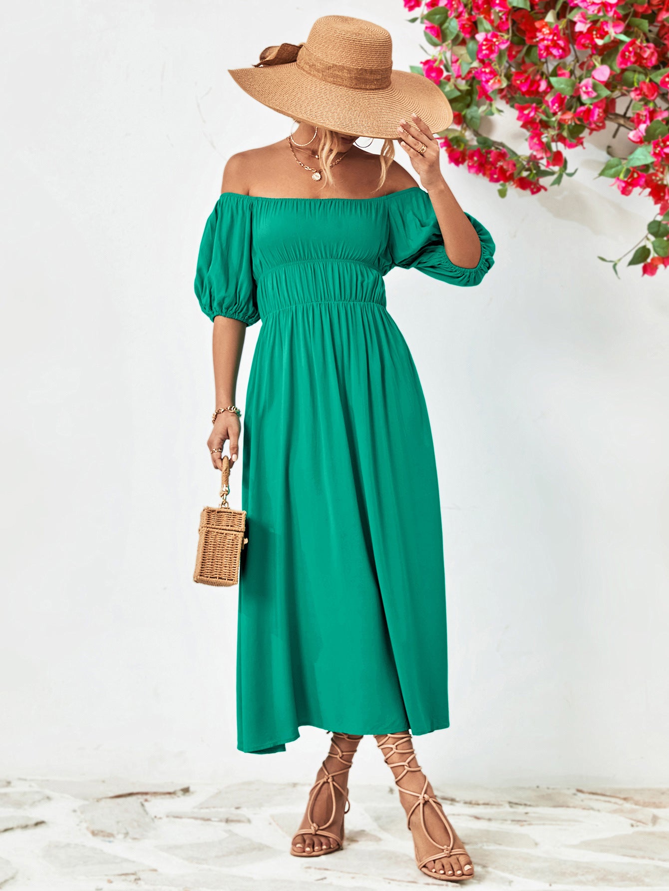 Off-Shoulder Balloon Sleeve Midi Dress – Trendsi | ClozArt