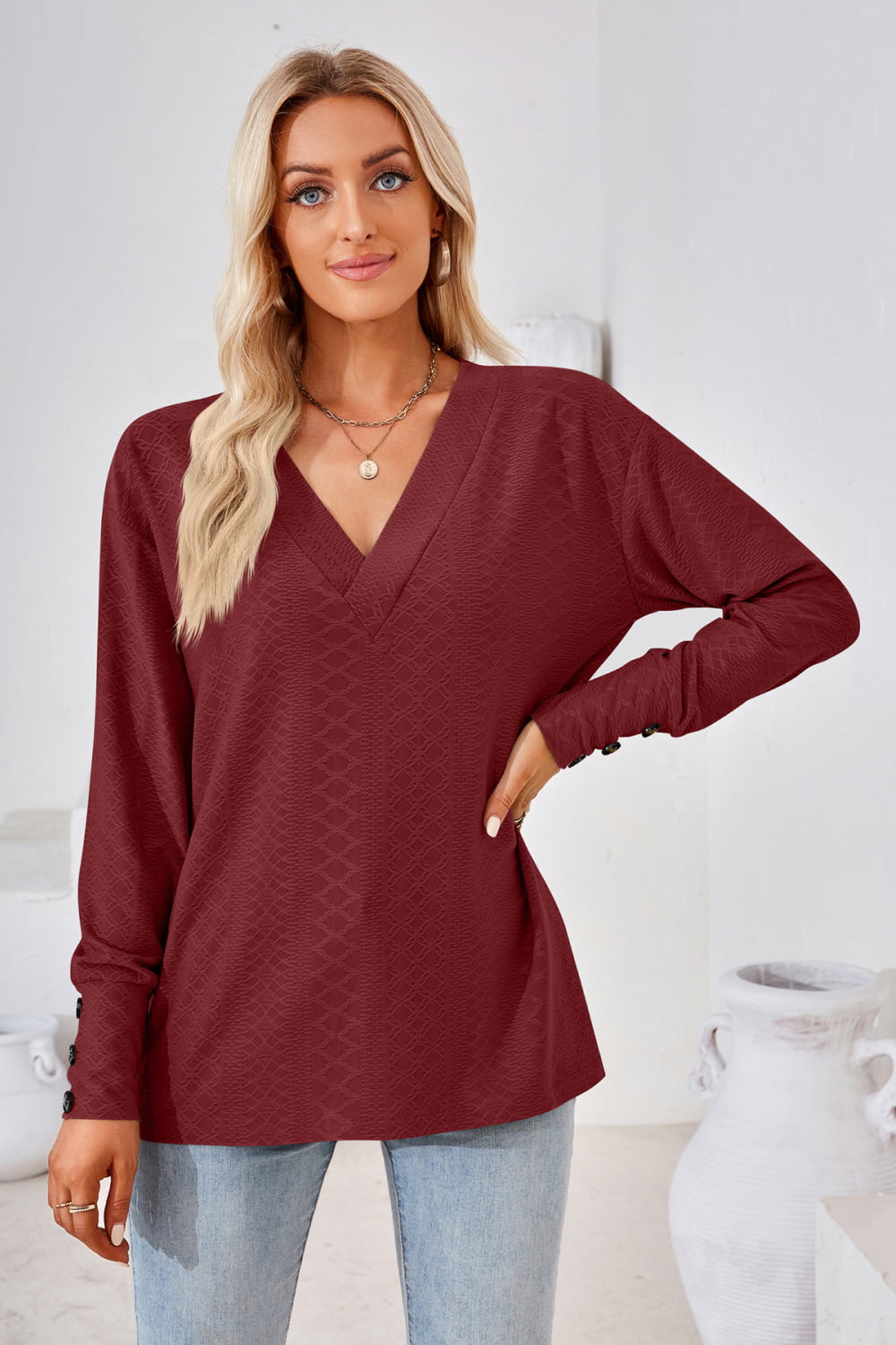 V-Neck Long Sleeve Blouse – Trendsi | ClozArt