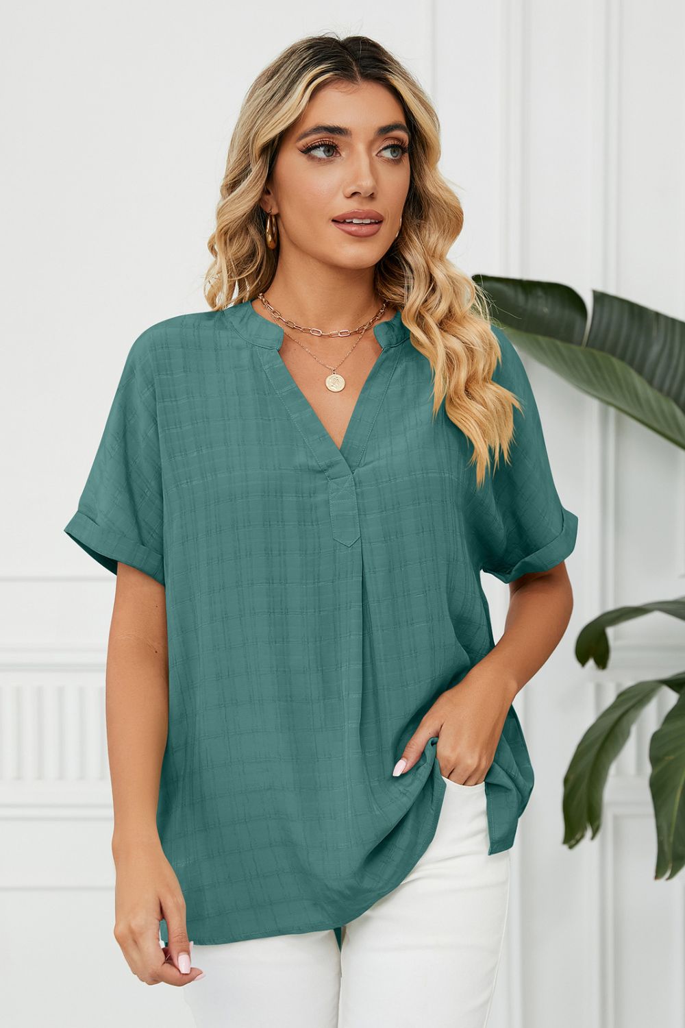 Side Slit Notched Neck Cuffed Short Sleeve Blouse – Trendsi | ClozArt