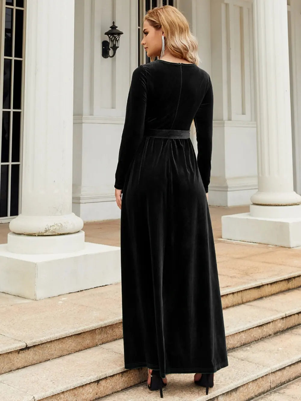 Tie Front Round Neck Long Sleeve Maxi Dress – Trendsi | ClozArt