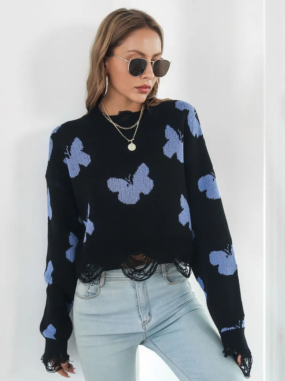 Distressed Butterfly Cropped Sweater – Trendsi | ClozArt