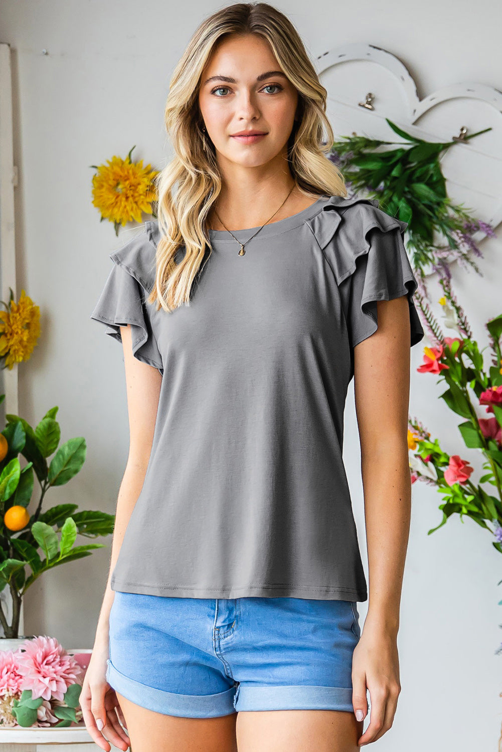 Layered Flutter Sleeve Round Neck Top – Trendsi | ClozArt