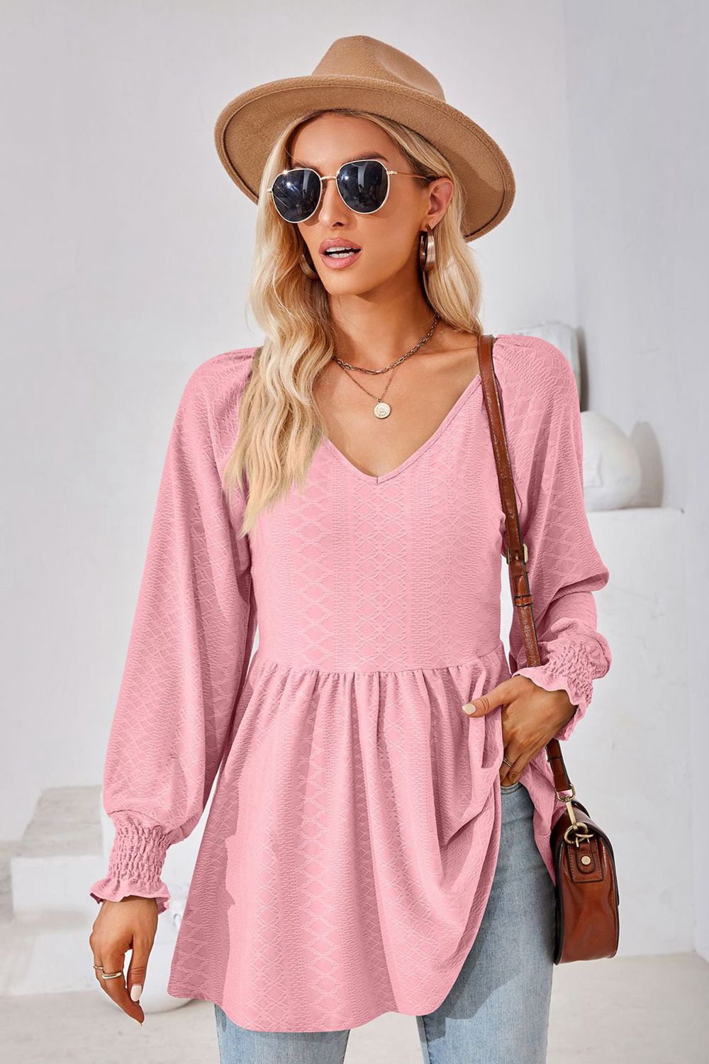 V-Neck Lantern Sleeve Blouse – Trendsi | ClozArt