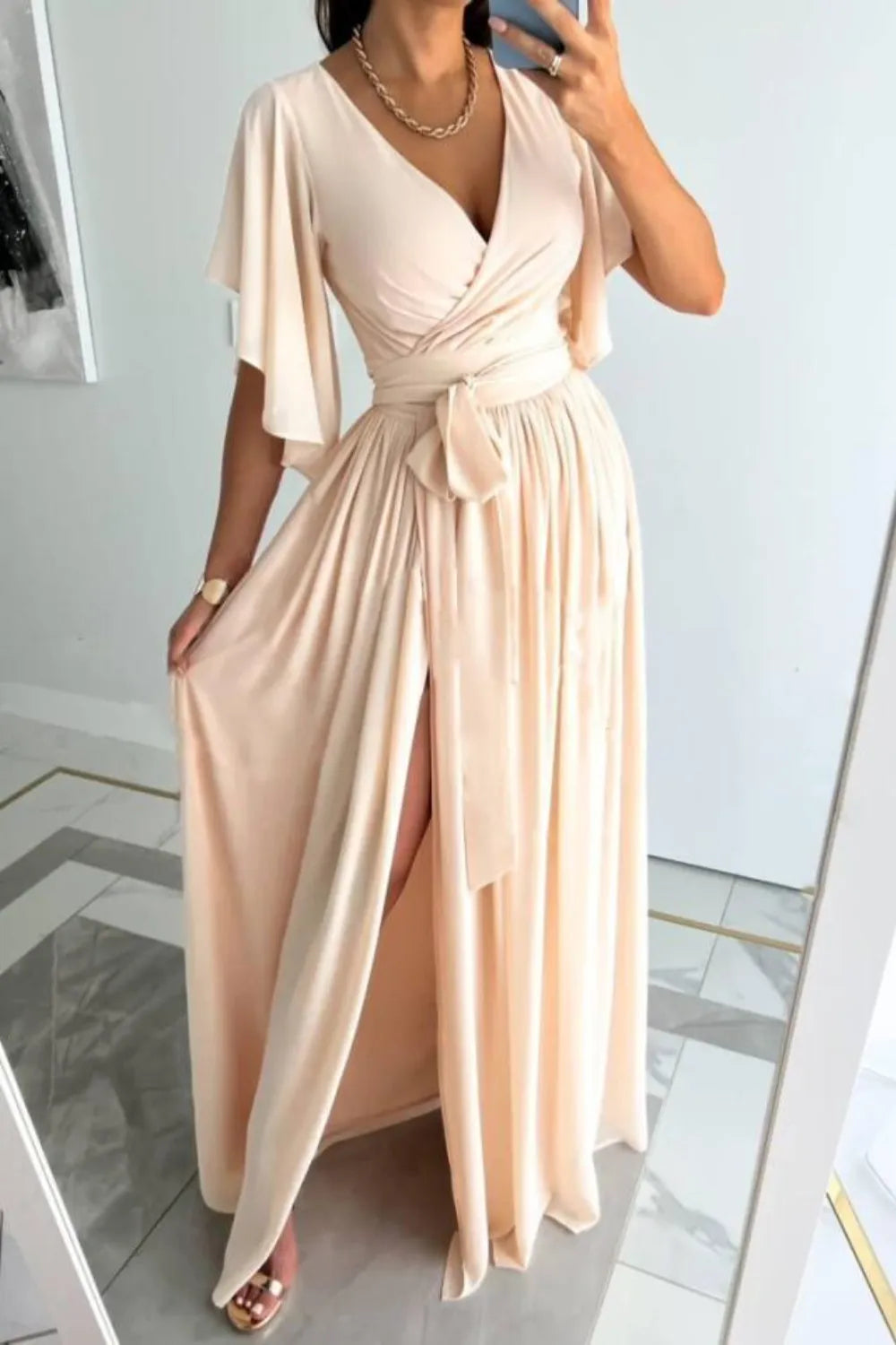 Surplice Flutter Sleeve Maxi Dress – Trendsi | ClozArt