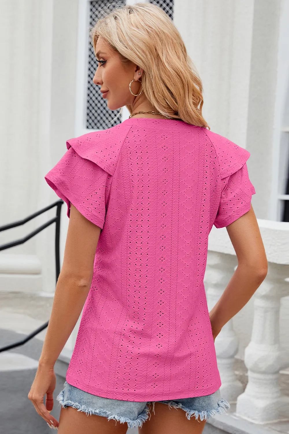 Eyelet Notched Flutter Sleeve T-Shirt – Trendsi | ClozArt