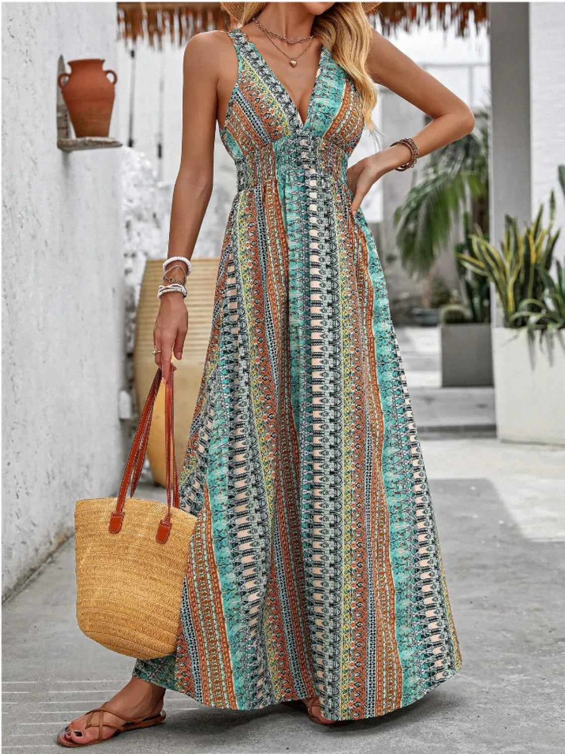 Tied Back Printed Sleeveless Maxi Slit Dress – Trendsi | ClozArt