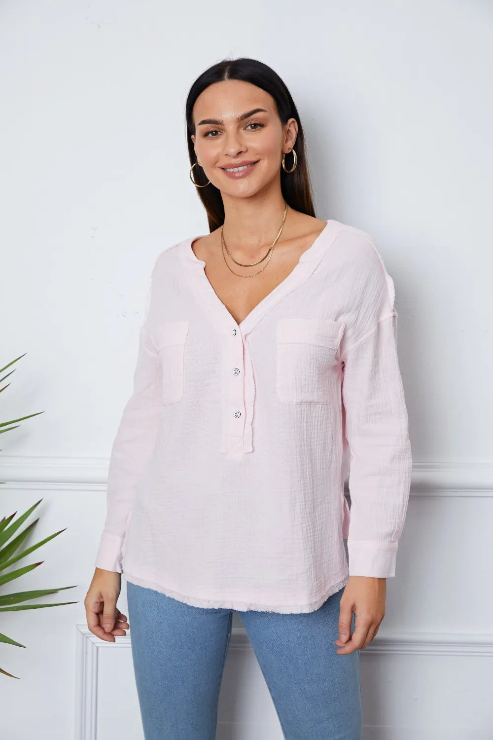 Texture Half Button Raw Hem Top – Trendsi | ClozArt