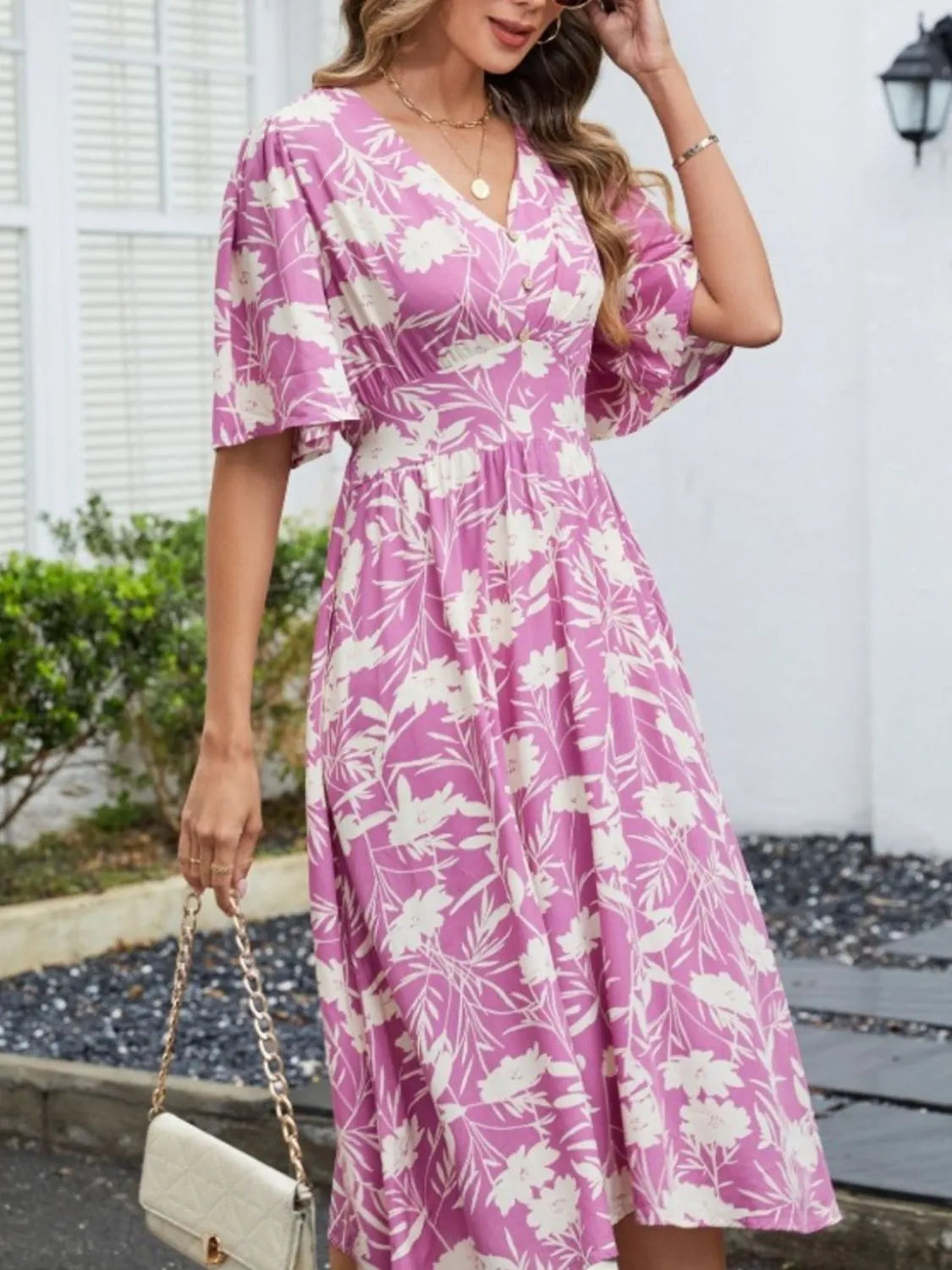 Printed V-Neck Flutter Sleeve Dress – Trendsi | ClozArt