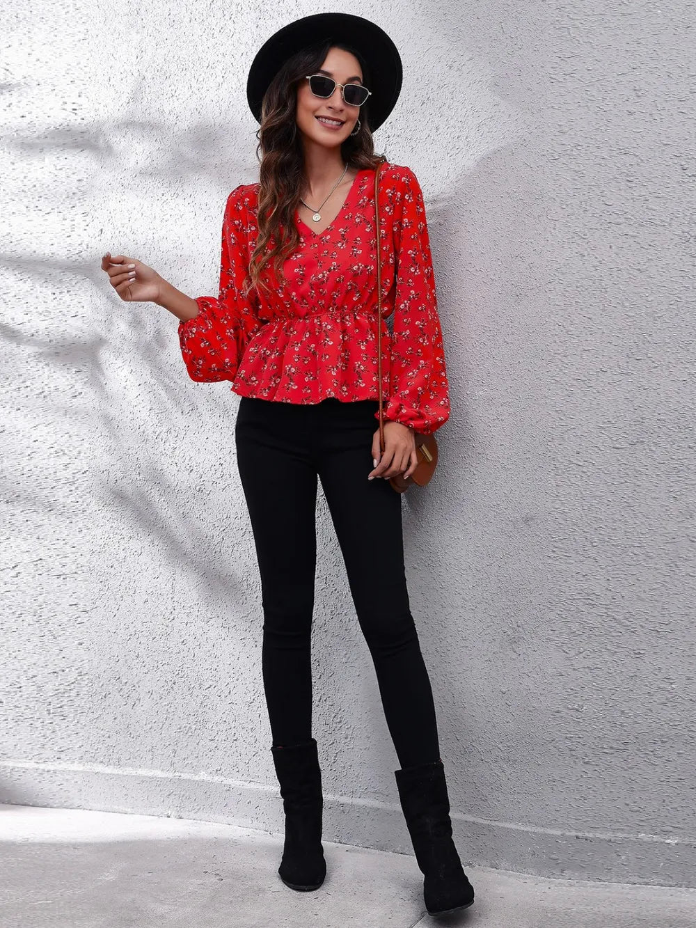 Floral V-Neck Balloon Sleeve Peplum Blouse – Trendsi | ClozArt