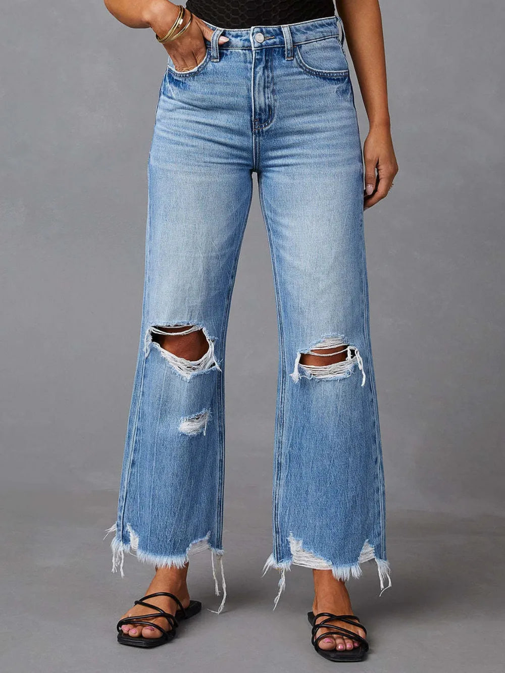 Distressed Raw Hem Jeans with Pockets – Trendsi | ClozArt
