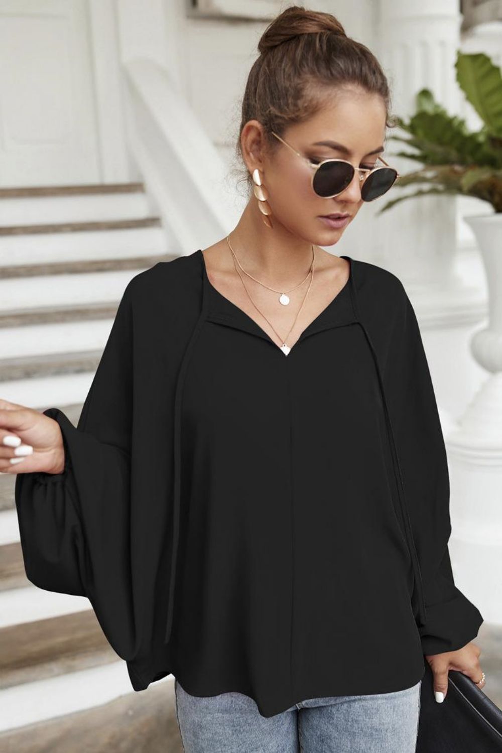 Tie Neck Balloon Sleeve Blouse – Trendsi | ClozArt