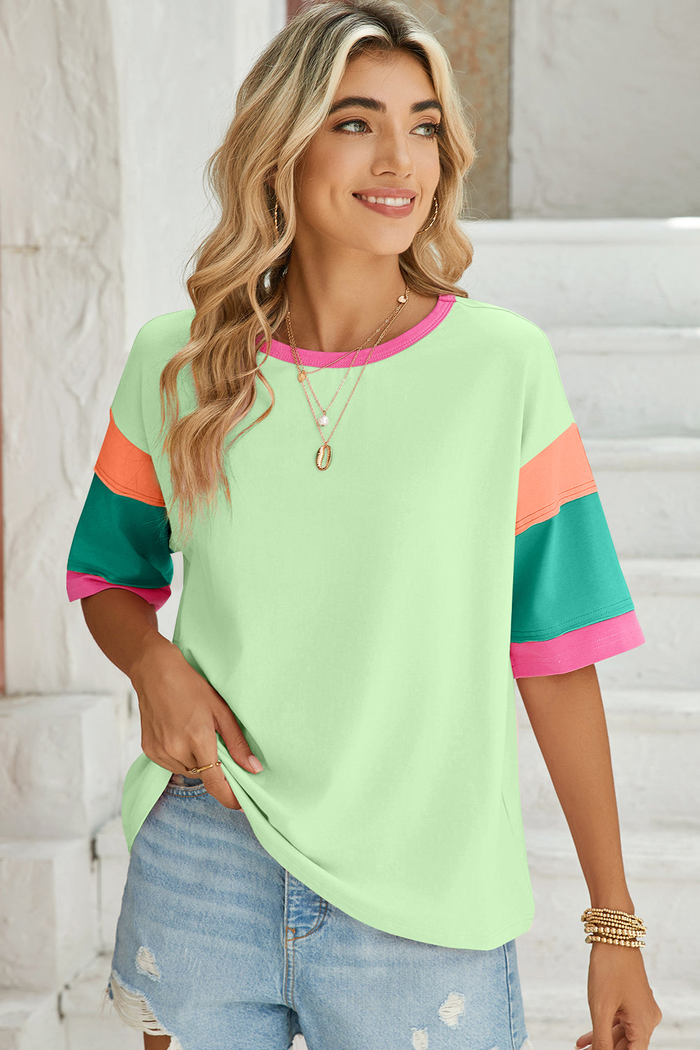 Pink Color Block Sleeve Round Neck Oversize Top – Shewin | ClozArt