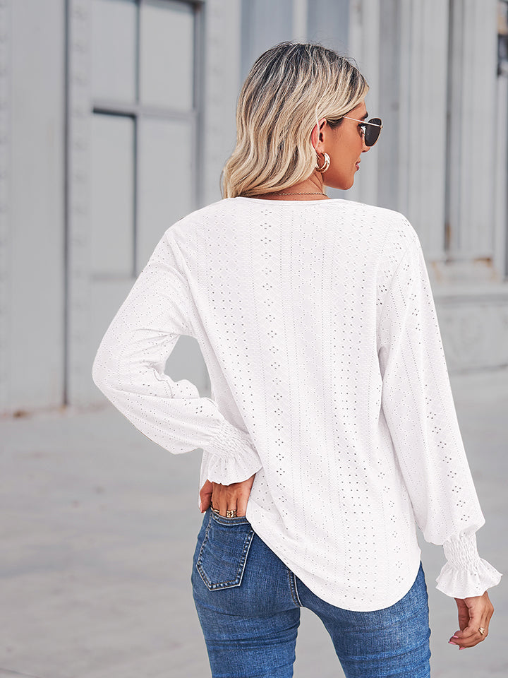 V-Neck Eyelet Flounce Sleeve Blouse – Trendsi | ClozArt