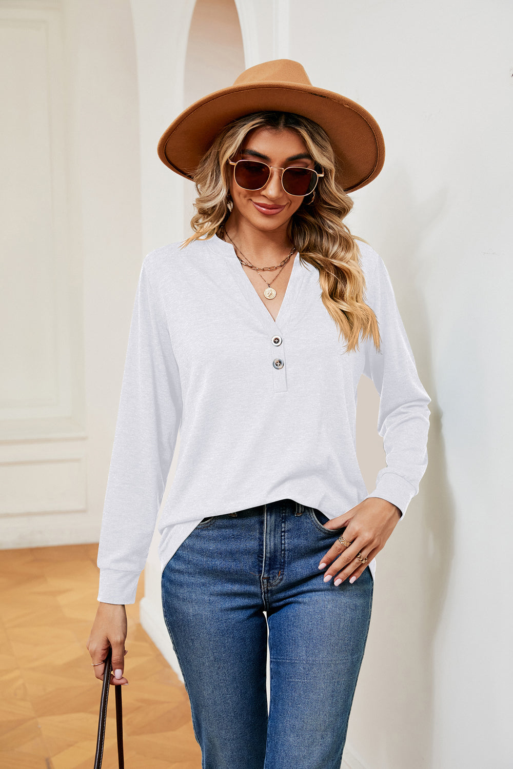 Buttoned Notched Neck Long Sleeve Top – Trendsi | ClozArt