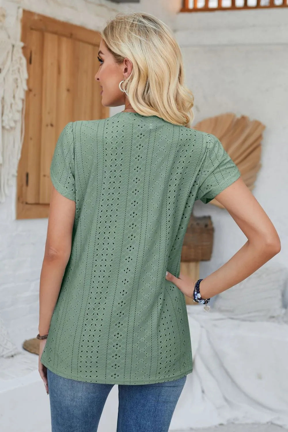 Decorative Button Eyelet V-Neck Short Sleeve T-Shirt – Trendsi | ClozArt