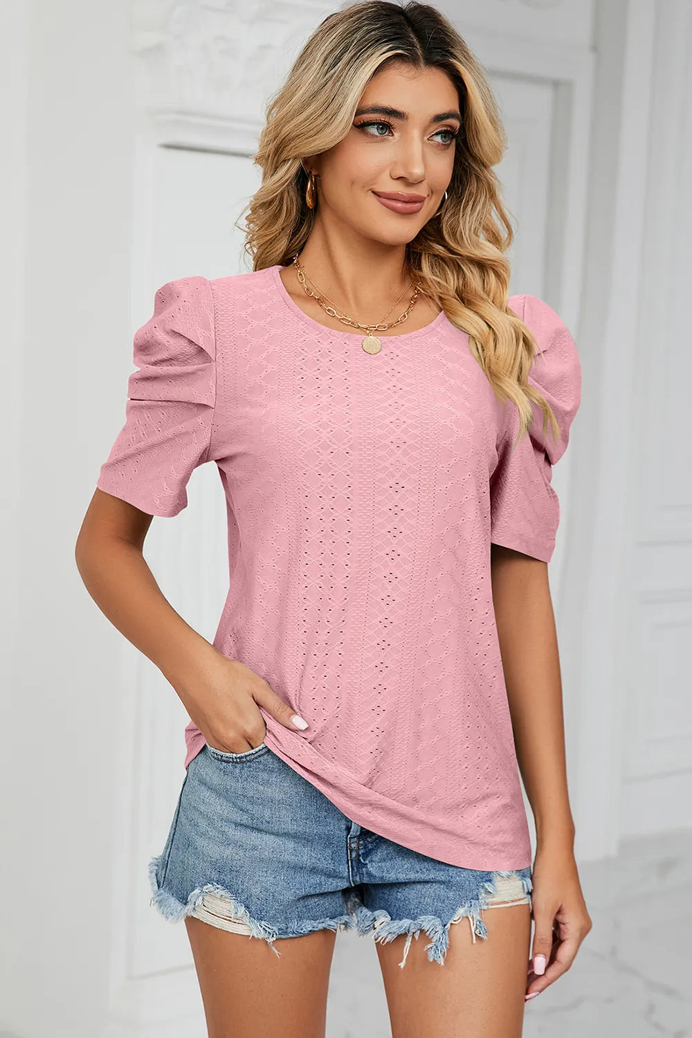 Eyelet Round Neck Puff Sleeve T-Shirt – Trendsi | ClozArt