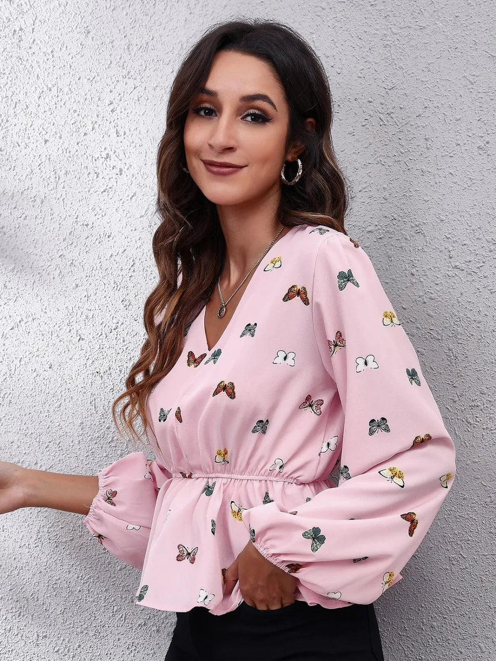 Butterfly V-Neck Balloon Sleeve Peplum Blouse – Trendsi | ClozArt