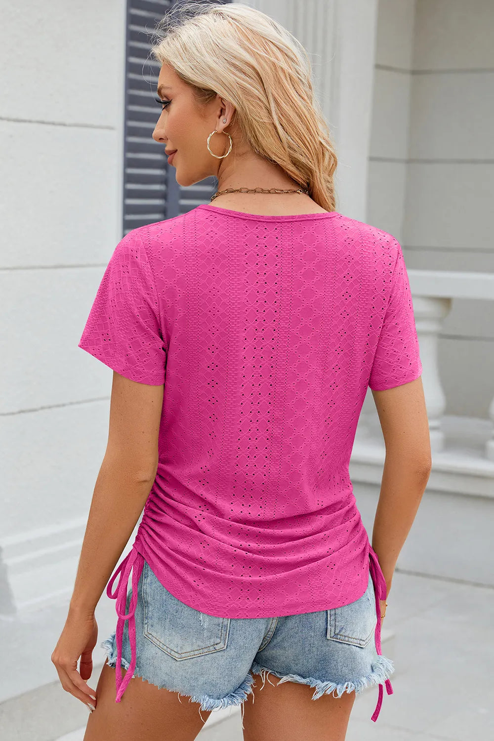 Eyelet Round Neck Short Sleeve T-Shirt – Trendsi | ClozArt