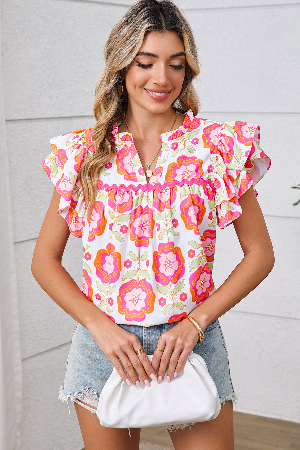 Rose Boho Floral Print Ricrac Ruffle Sleeve Blouse – Shewin | ClozArt