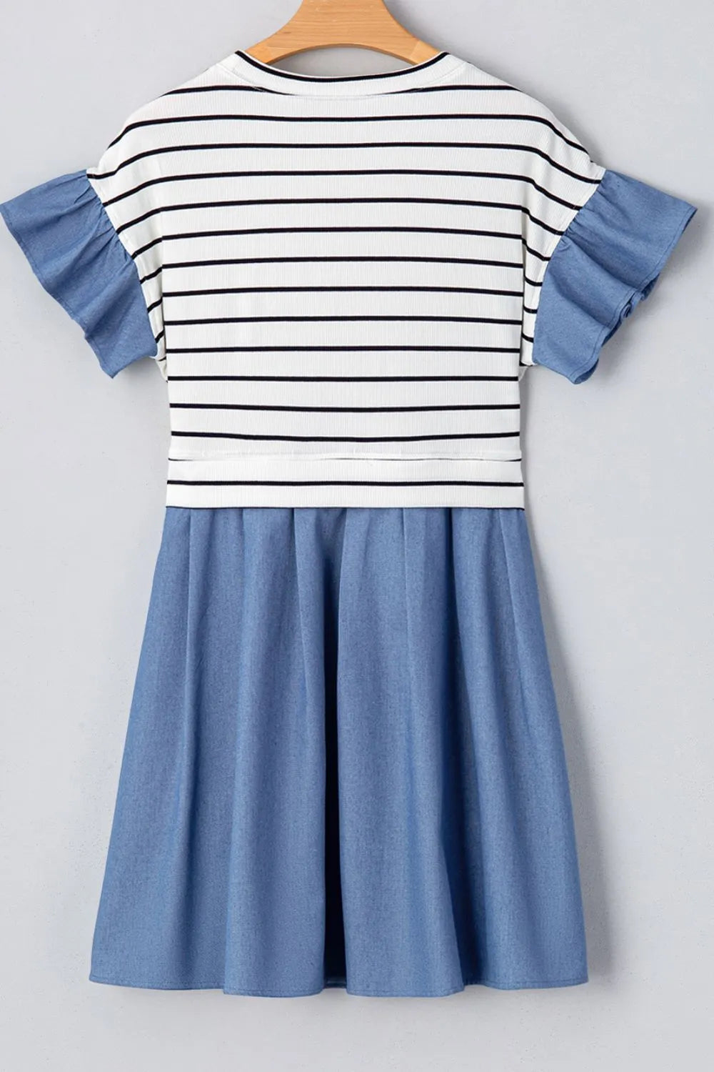 Stripe Ruffle Denim Patchwork Round Neck Mini Dress – Trendsi | ClozArt