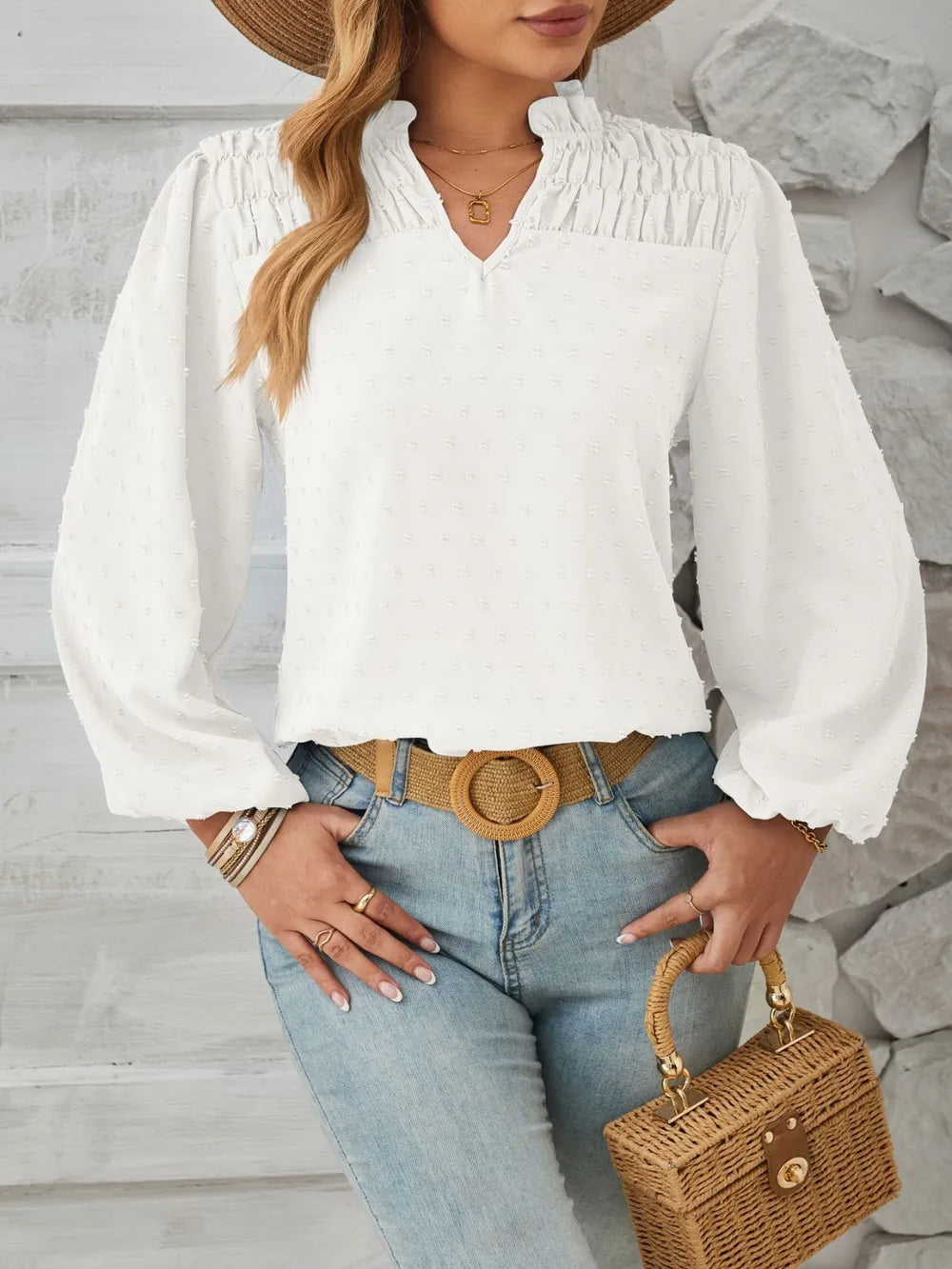 Ruched Swiss Dot Notched Balloon Sleeve T-Shirt – Trendsi | ClozArt
