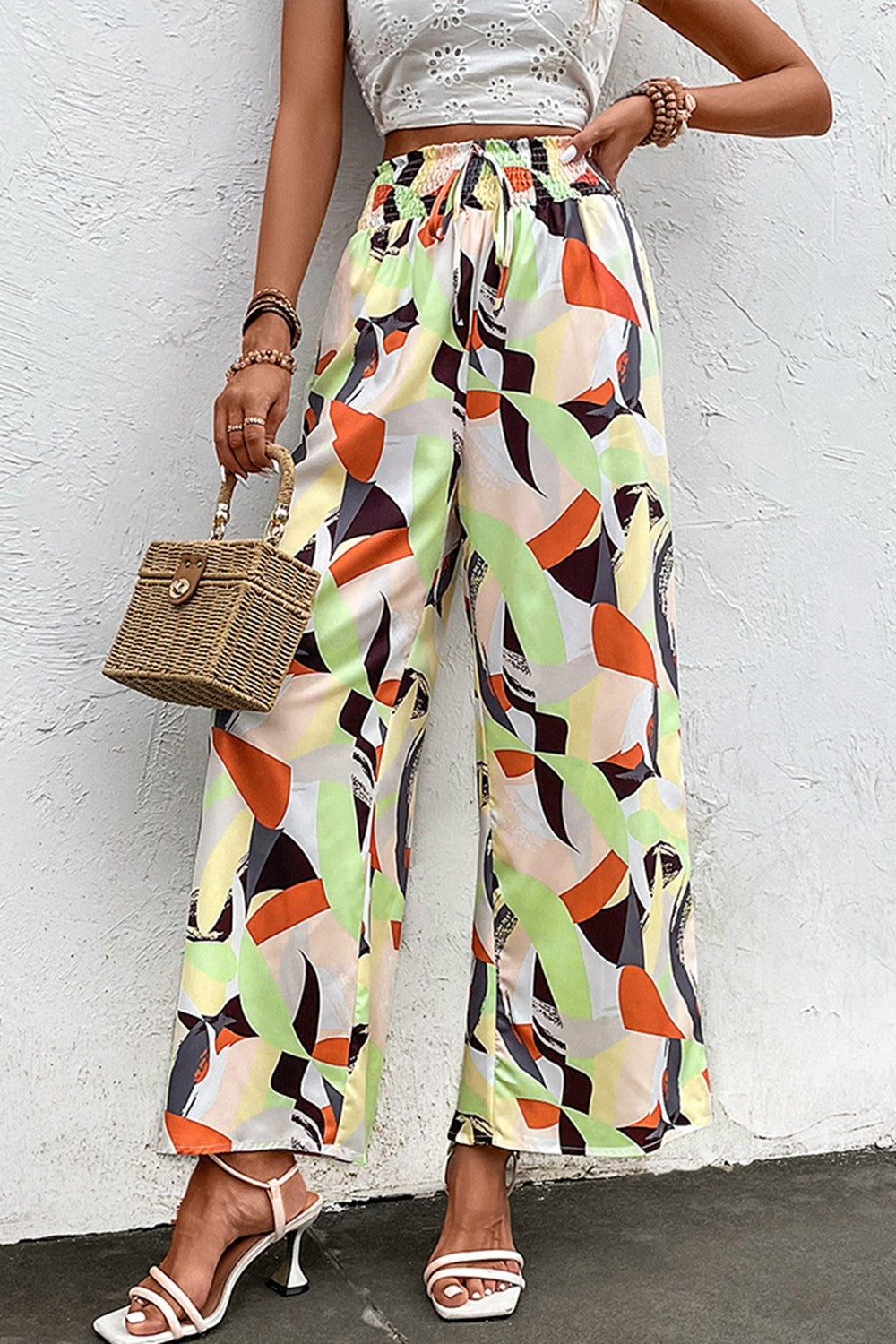 Shiny Printed Smocked Waist Wide Leg Pants – Trendsi | ClozArt