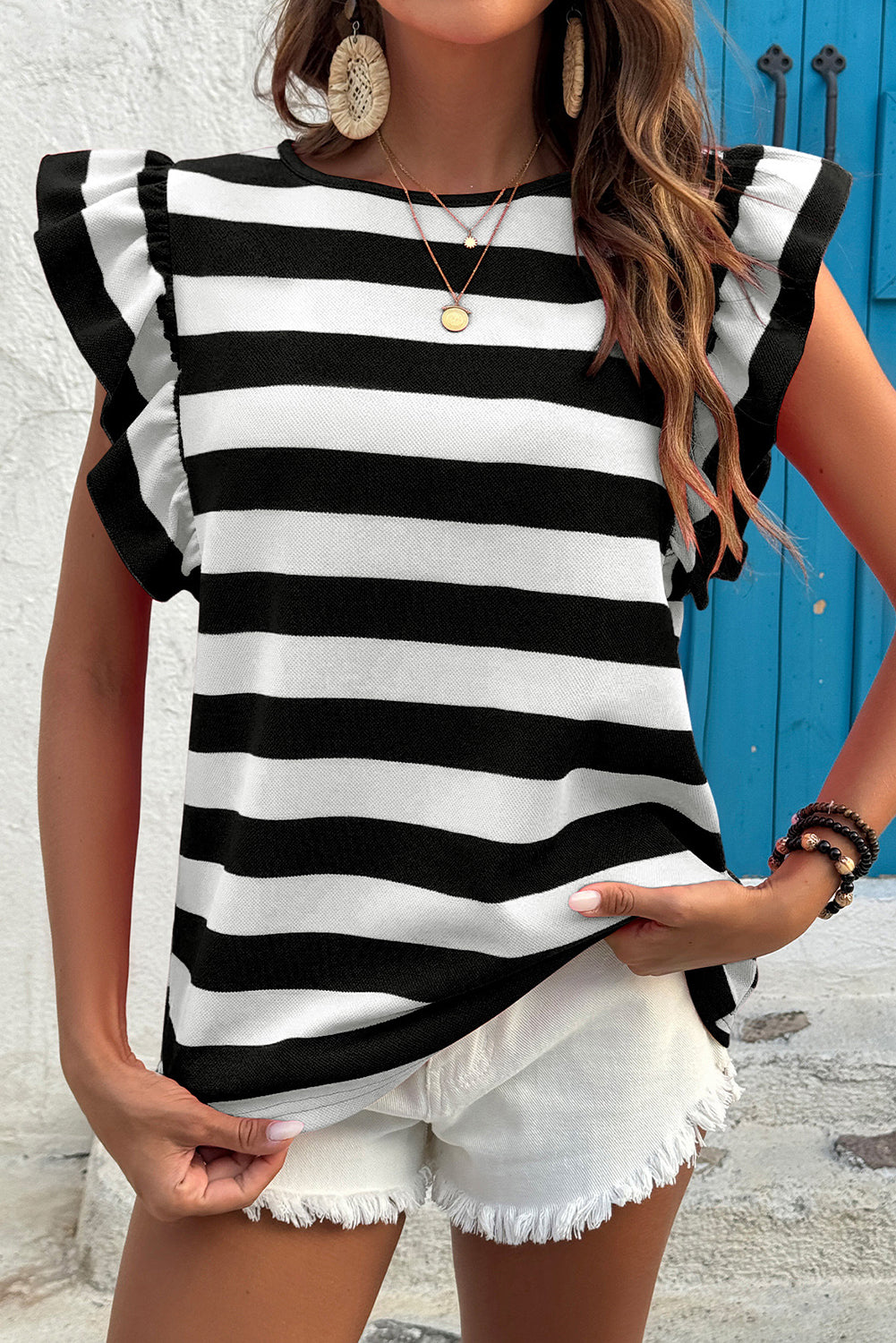 Black Stripe Flutter Sleeve Round Neck T Shirt – Shewin | ClozArt