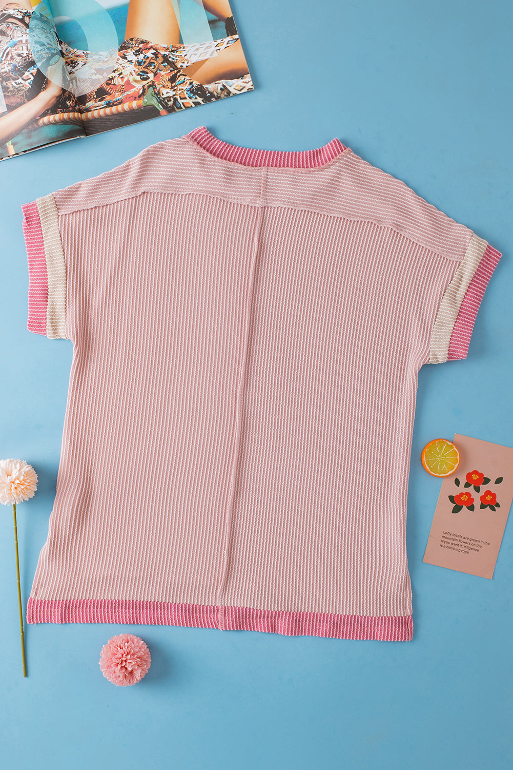 Bright Pink Textured Contrast Color Round Neck T Shirt – Shewin | ClozArt