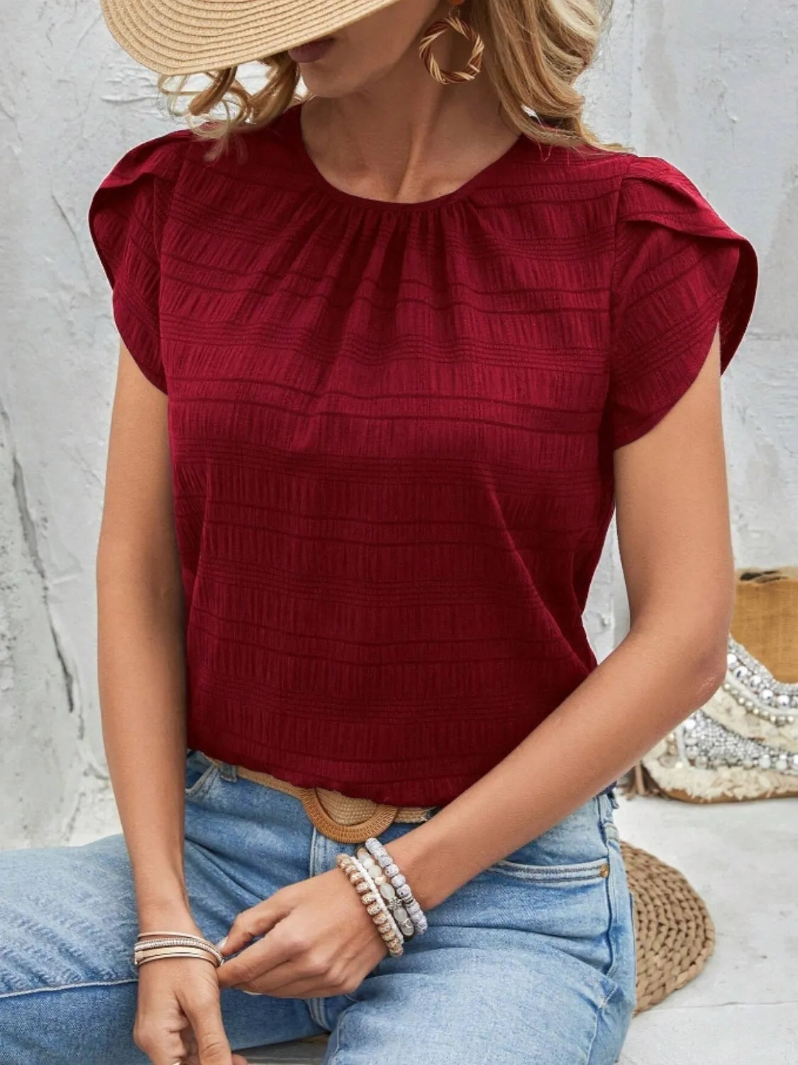 Round Neck Petal Sleeve Top – Trendsi | ClozArt