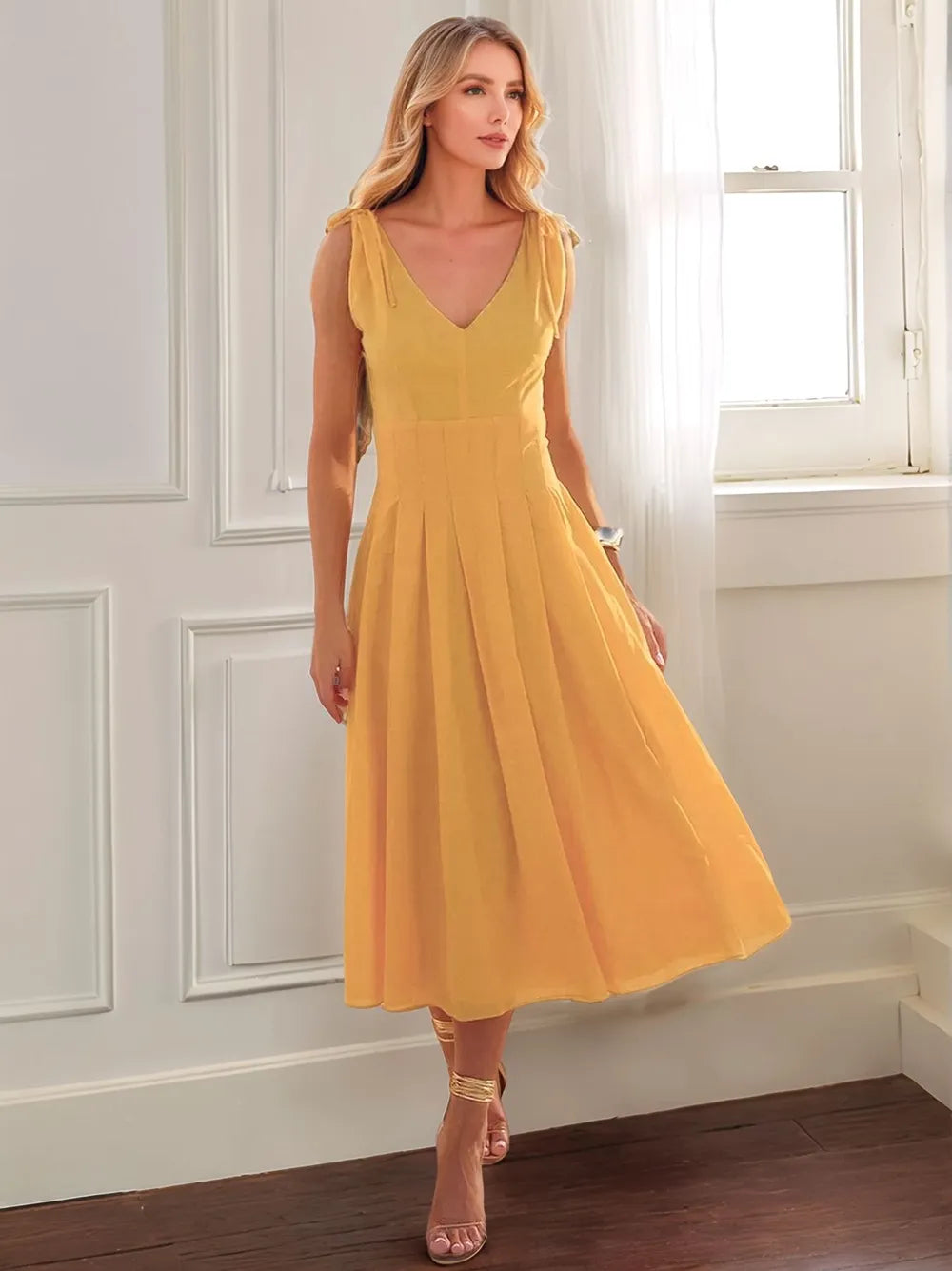 Pleated Detail V-Neck Cap Sleeve Midi Dress – Trendsi | ClozArt