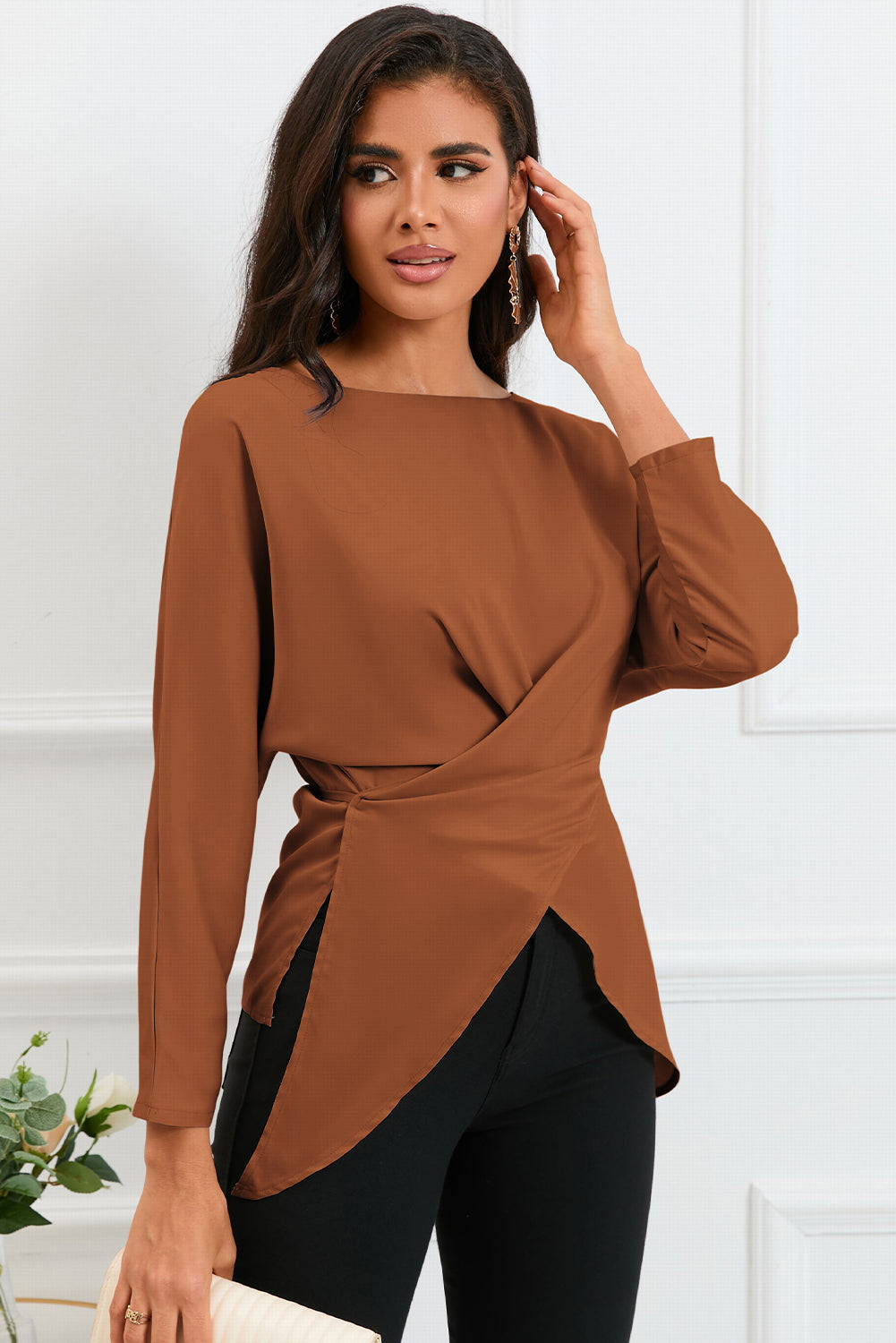 Boat Neck Back Tie Long Sleeve Satin Blouse – Trendsi | ClozArt