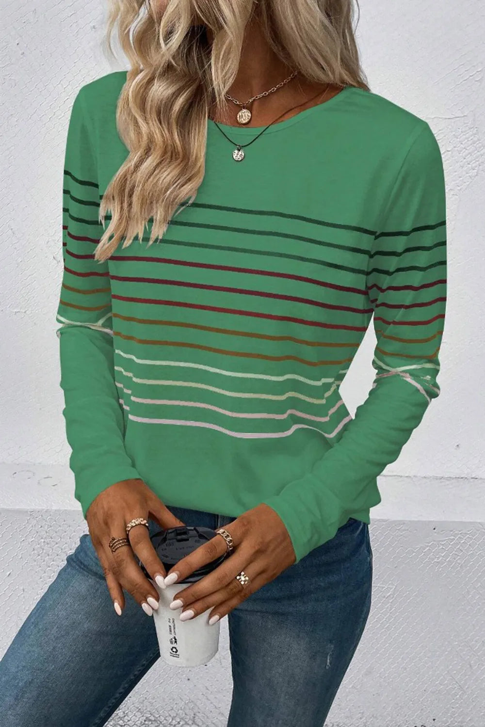 Striped Round Neck Long Sleeve T-Shirt – Trendsi | ClozArt