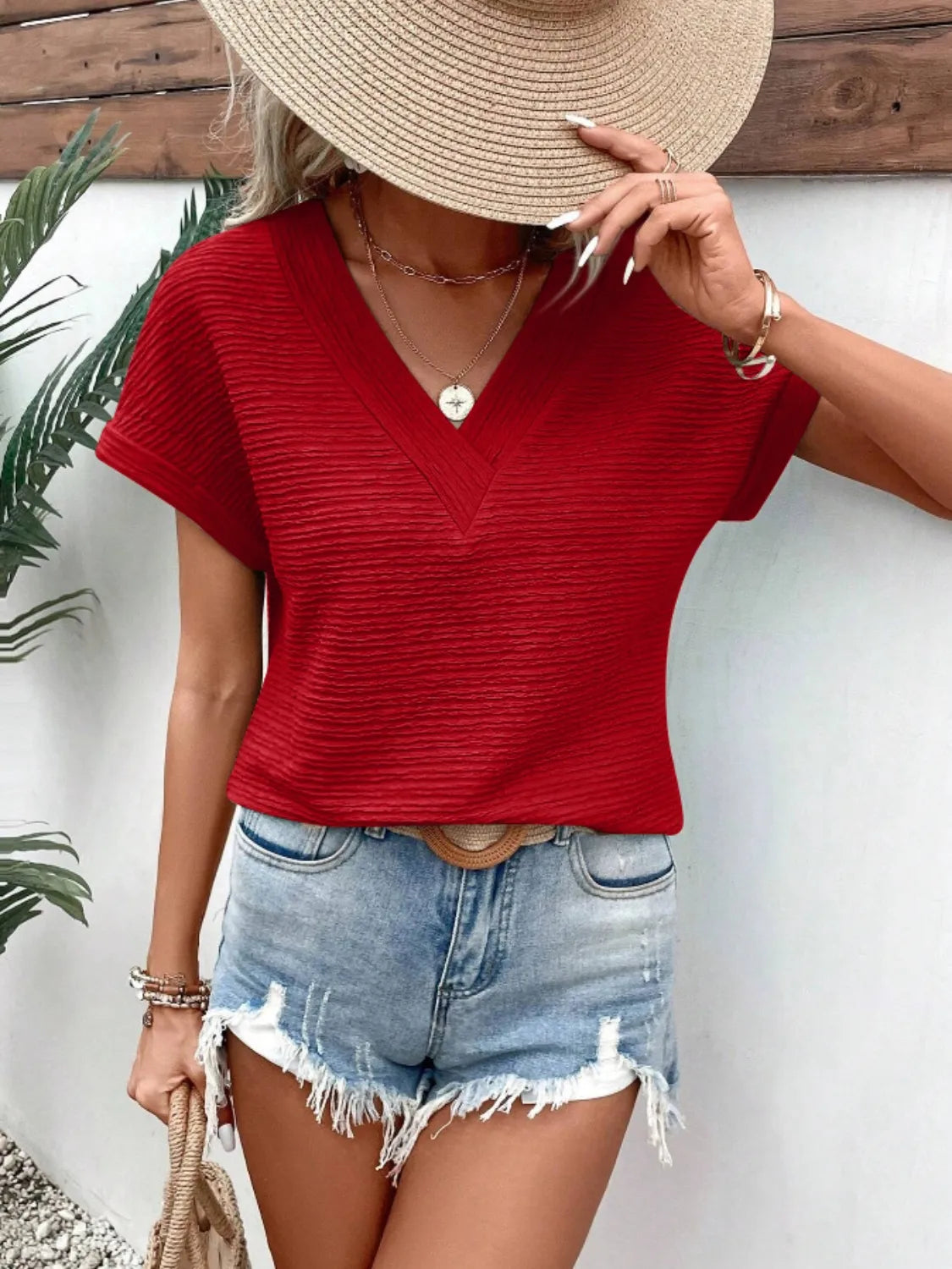 Textured Solid Color Short Sleeve Top – Trendsi | ClozArt